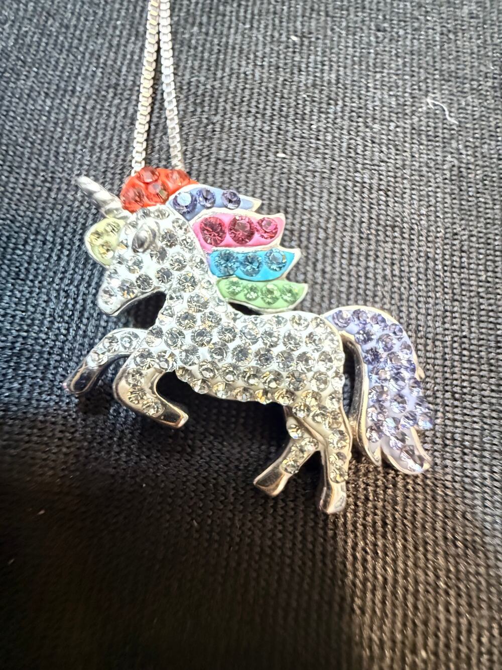 Vintage Sterling Silver Unicorn Swarovski elements Necklace 925 AU Rainbow